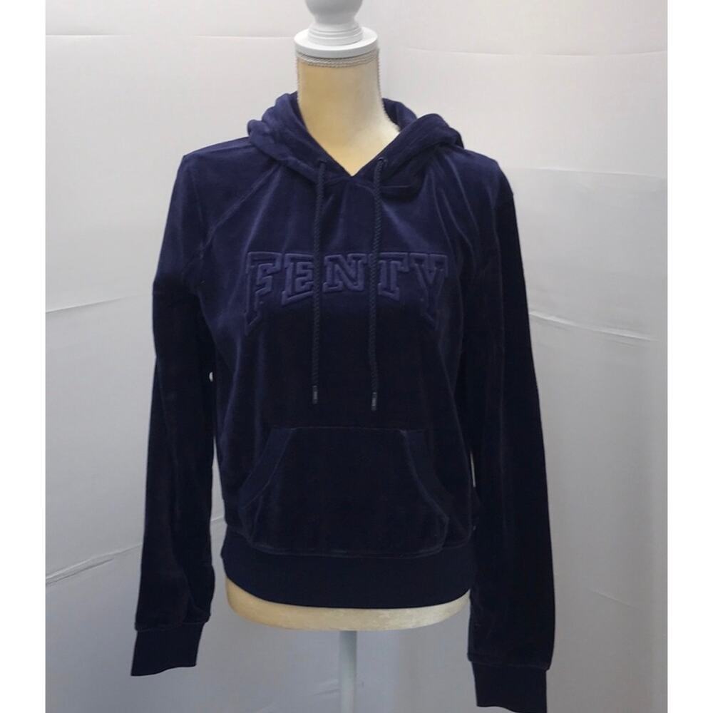 Puma x Rihanna FENTY Velvet Hoodie Navy Blue Cropped Pullover Large